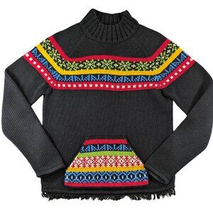 Hannah Andersson Sweater Womens XS Black Fair Isle Nordic Kangaroo Pocket Fringe
